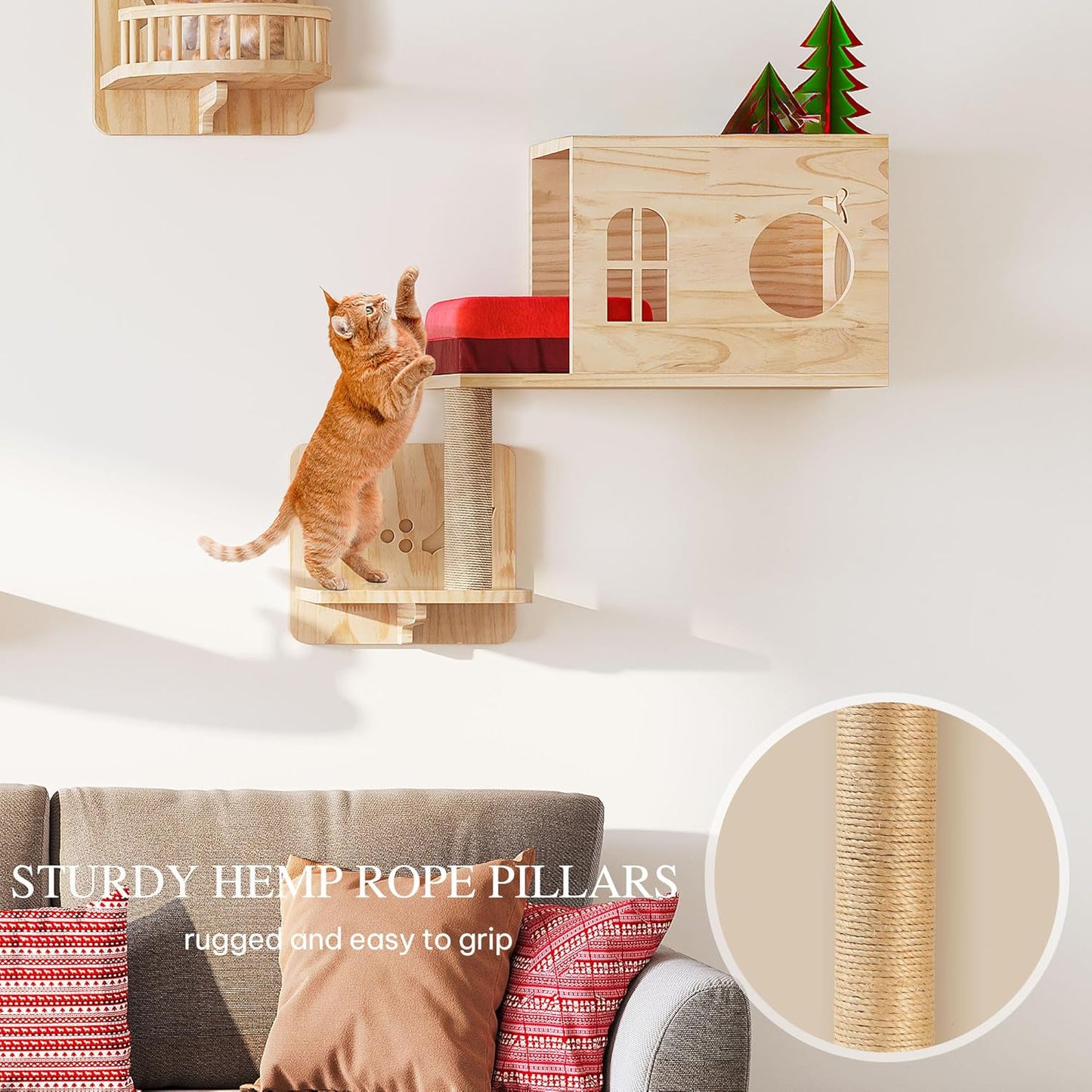 Cat Wall Shelves, Cat Wall Furniture Pine Wooden Feline Shelf, 16 Piece Shelves and Perches with Bowl, Warmer Mat, Condos, House, Steps and Cat Scratcher