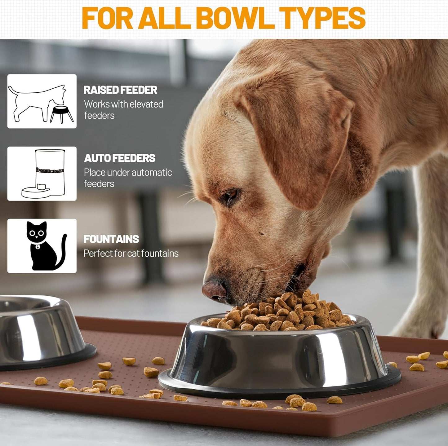 Hubulk Dog Feeding Mat,100% Waterproof Food Grade Silicone Pet Food and Water Bowl Placemat,Dishwasher, High Raised Edge to Prevent Spills,Nonslip Tray to Stop Messes on Floor（32"x24"x1.0", Brown）