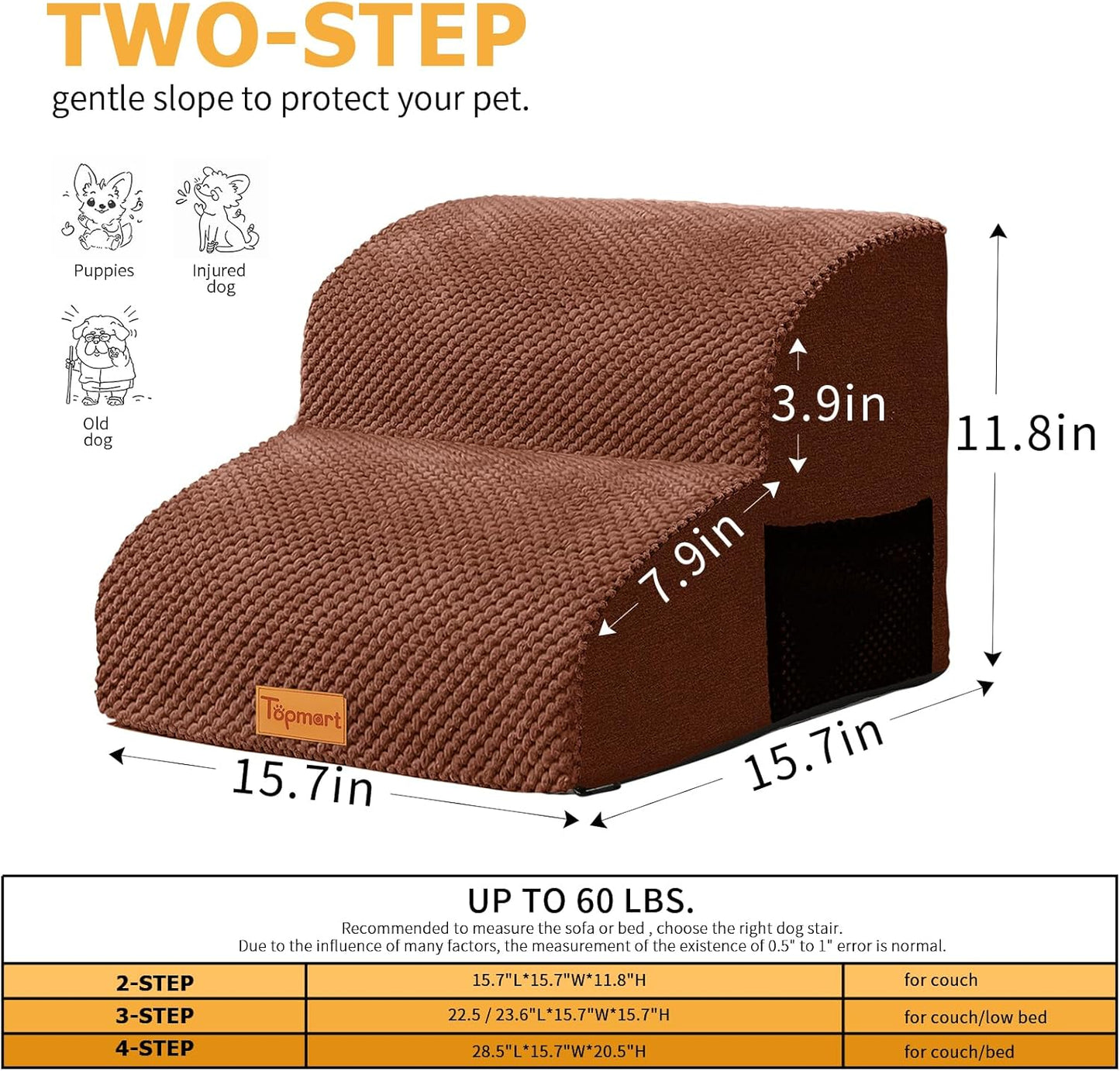 Topmart High Density Foam Pet Steps 2 Tiers,11.8" High,Non-Slip Dog Stairs & Ramp,Soft Foam Dog Ladder,Best for Injured,Older Cats,Pets with Joint Pain,Suitable for Low Sofas,Stairs,Lower Place