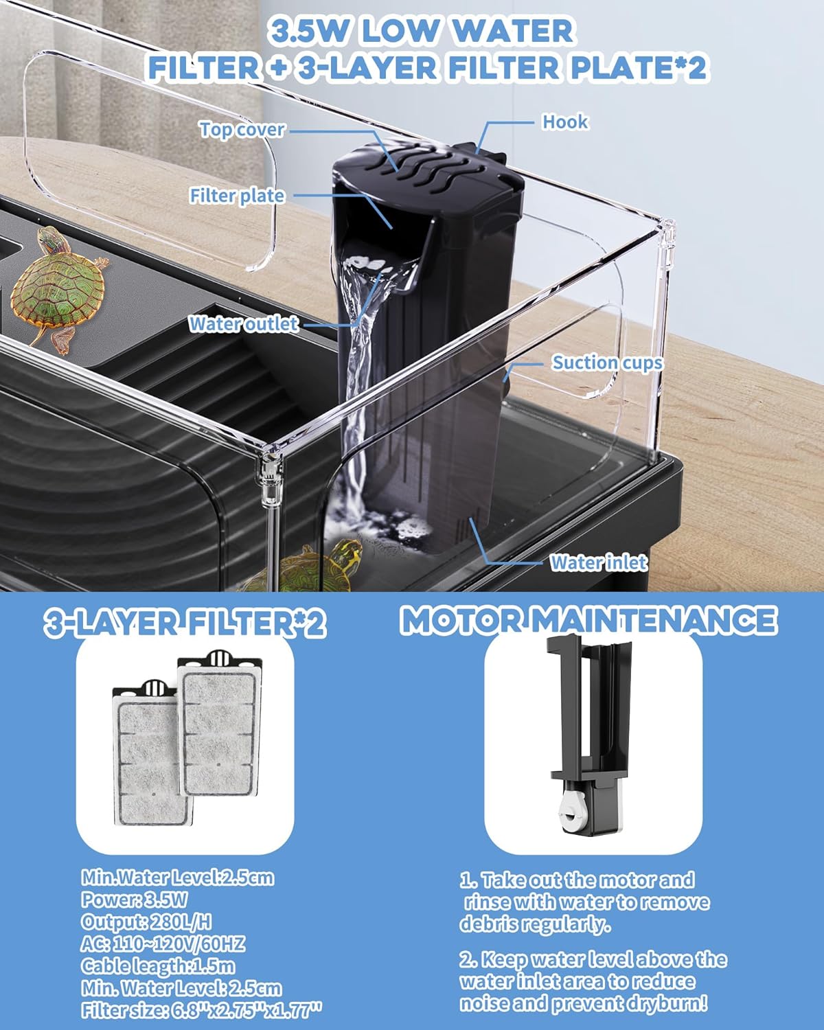 Small Turtle Tank Kit, Acrylic Turtle Tank Starter Kit with Basking Platform, Bottom Drainage, Multi-Function Areas for Turtles, Crabs, Crayfish, Small Reptiles. (Black Kit)