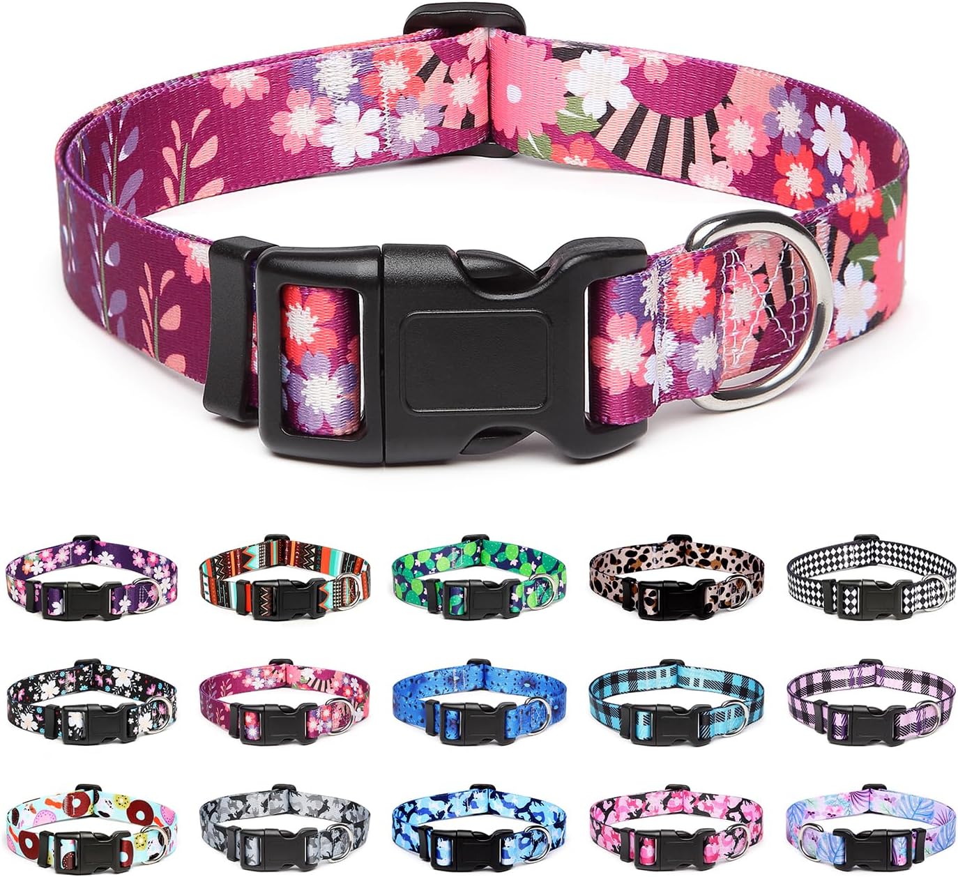 Mercano Adjustable Dog Collar - Special Design Patterns, Soft Nylon Comfortable Durable Pet Collar for Small Medium Large Dogs (L, Colorful Flower)
