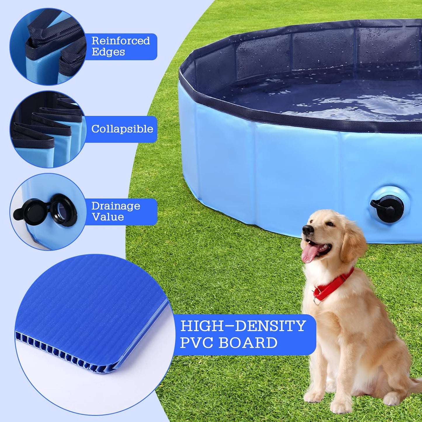 Foldable Dog Bath Swimming Pool Plastic Kiddie Pool Professional Tub Collapsible Grooming Bathtub for Pets Kids Baby and Toddler, 97 x 12 Inches Blue