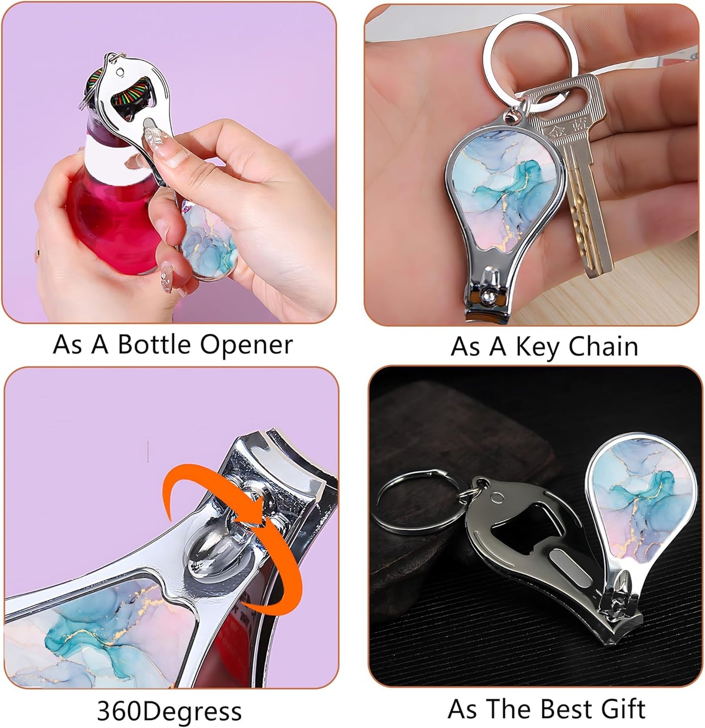 Nail Clippers with Key Chain Cute Stainless Steel Nail Cutter with File Professional Toenail Clipper for Men Multifunction Toenail Clipper 2 Pack Nique Cutter for Adult(Marble)