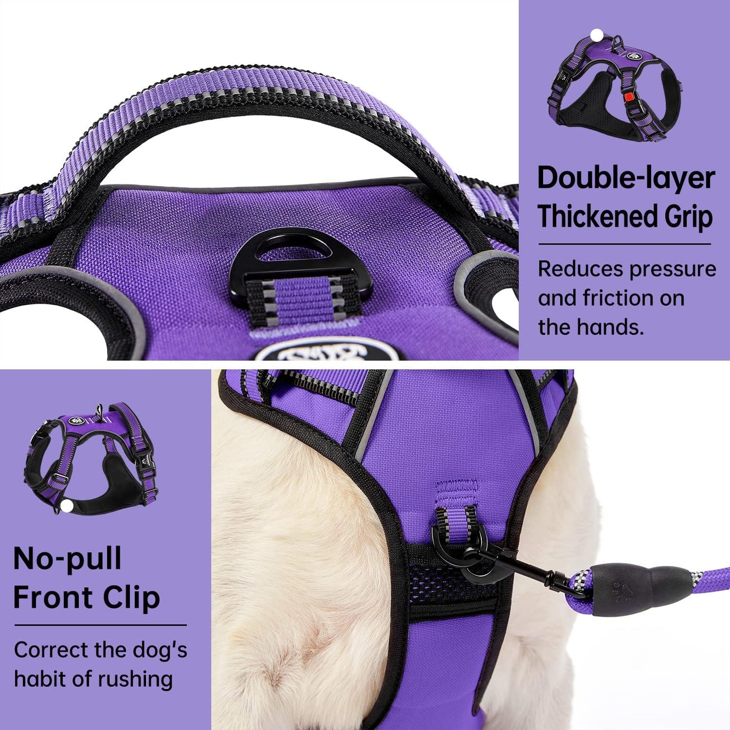IVY&LANE No Pull Dog Harness for Large Dogs, Dog Vest Harness with Leash, Safety Belt and Storage Strap, Fully Adjustable Harness, 360° Reflective Strip, Soft Handle (Purple, XL)