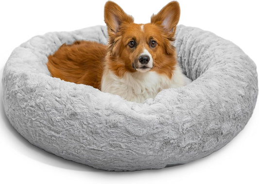 Best Friends by Sheri Original Calming Donut Dog and Cat Bed, Lux Faux Fur, Gray, (30in x 30in) - Anxiety Relief for Pets Up to 45 lbs