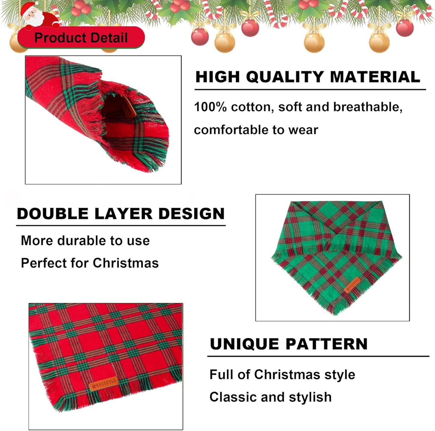 ADOGGYGO Christmas Dog Bandanas with Tassels, Red Green Plaid Pet Xmas Scarf Bib, Multiple Sizes, Christmas Bandana for Small Dogs Puppies (Small)