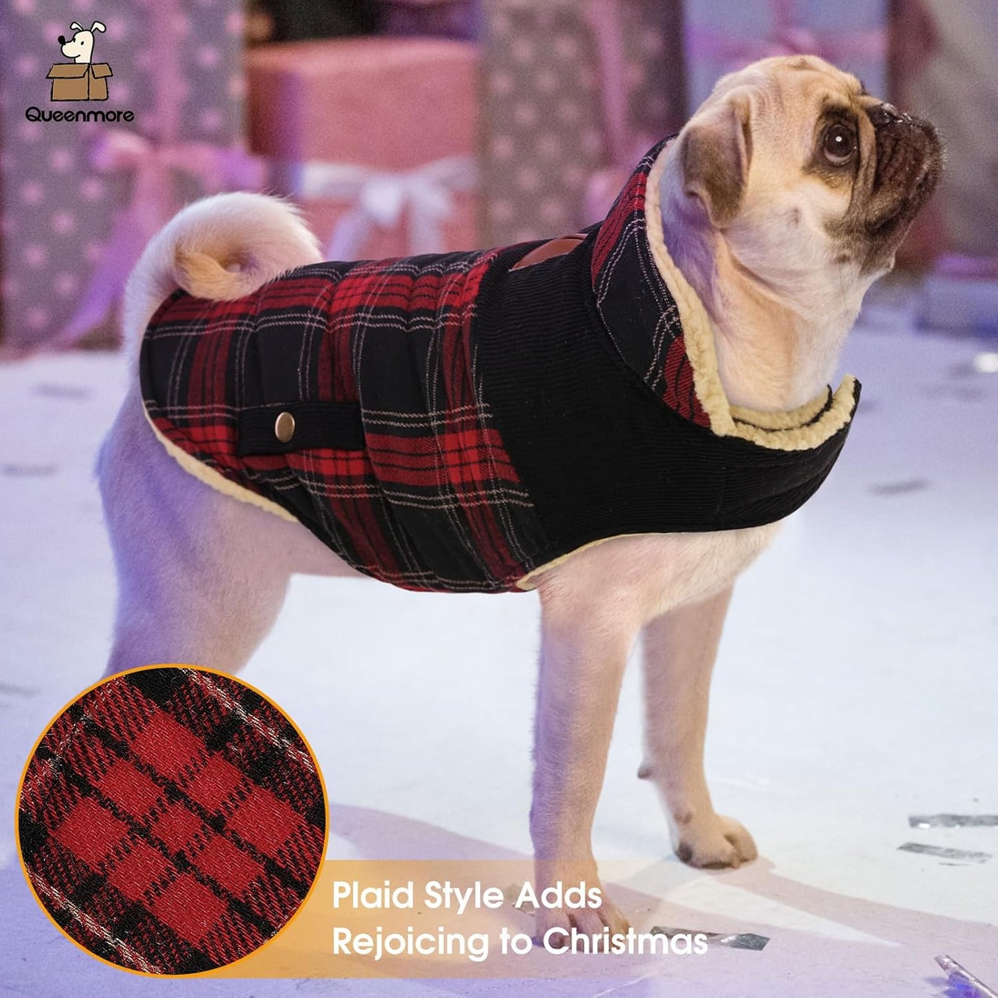 Queenmore Dog Winter Coat Warm Dog Jacket for Cold Weather, Quilting Puffer Plaid Coats for Small/Medium Dogs Waterproof,Girl/Boy Pet Christmas Coat,Pet Snowsuit with Leash Hole/Fleece Padding, XS