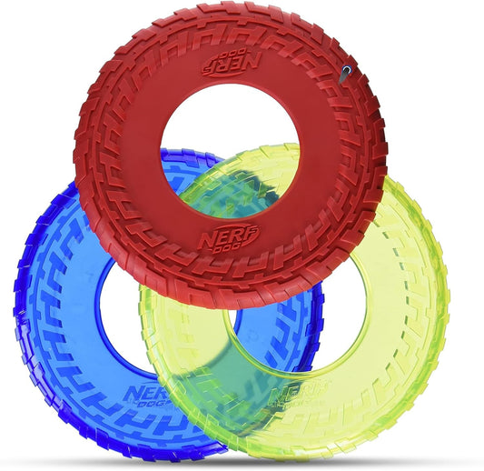 Nerf Dog Tire Flyer Dog Toy Gift Set, 10 Inch Flying Disc Dog Fetch Toys, Rubber Dog Toy for Medium Dogs and Large Dogs, Red, Translucent Green and Translucent Blue, 3 Count