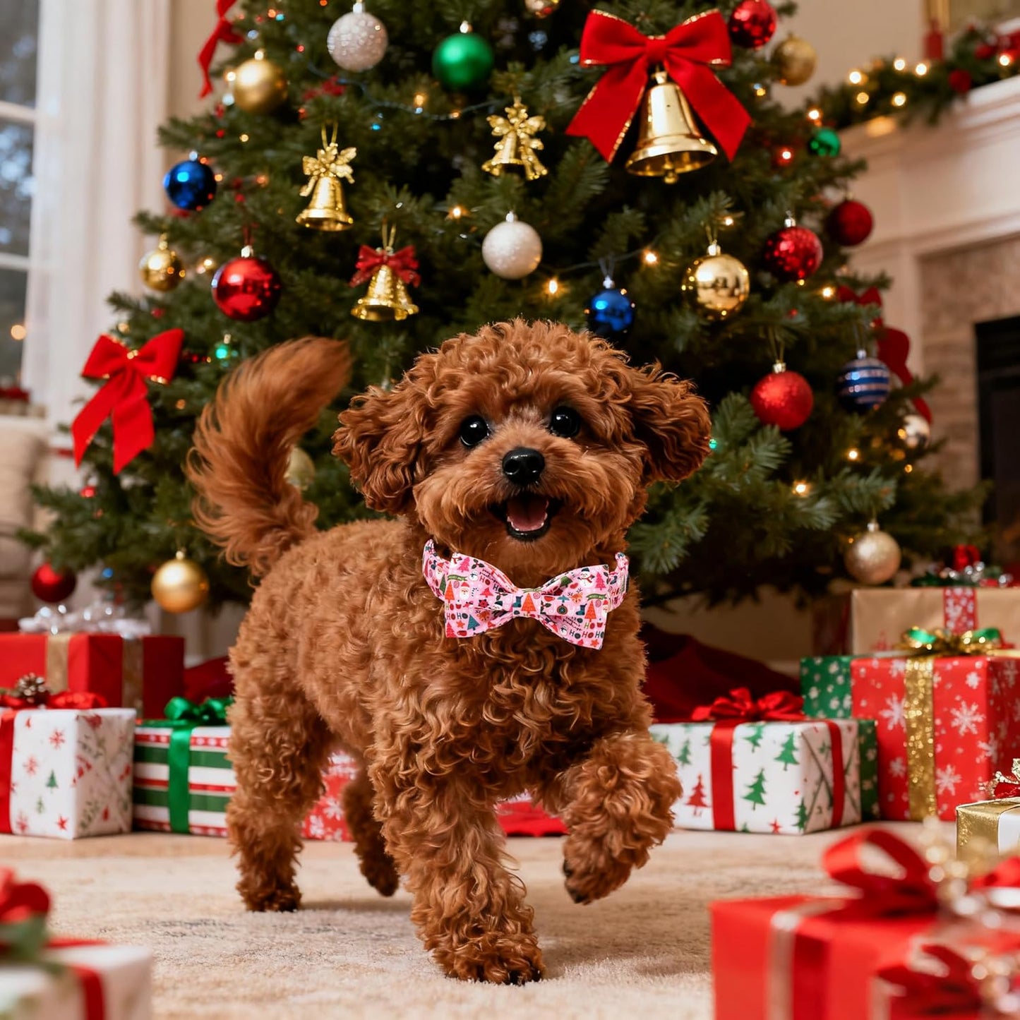 Lionet Paws Christmas Dog Collar with Bow tie,Cute Ho Christmas Tree Snowman Pink Dog Collar Bow Tie for Dogs Female, Medium, Neck 13.5-22 inches