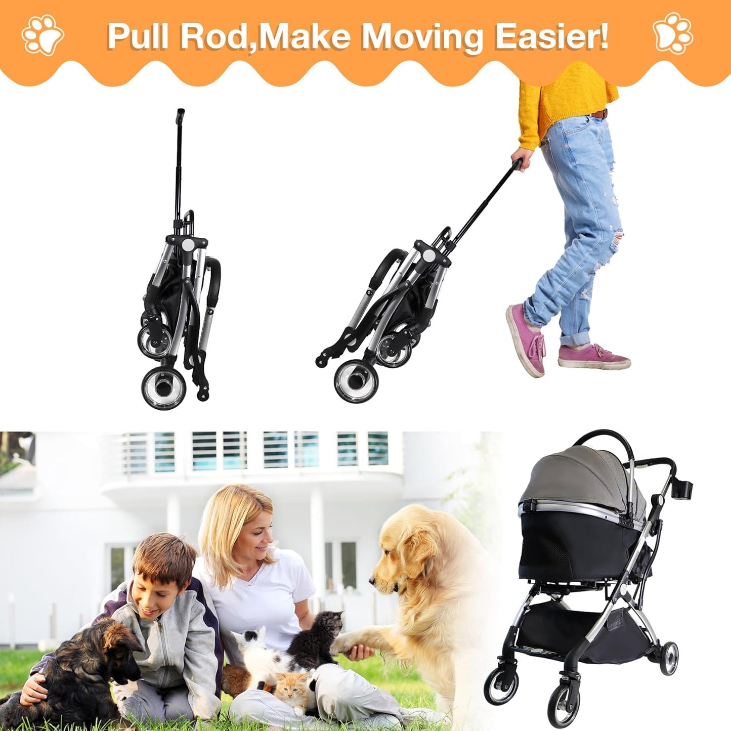 Dog Stroller for Small Medium Dogs, 3 in 1 Folding Pet Stroller Up to 33 lbs, 4 Wheels Pet Strolling Cart with Zipperless Entry, Cat Dog Travel Carrier with Telescopic Handle and Storage Basket