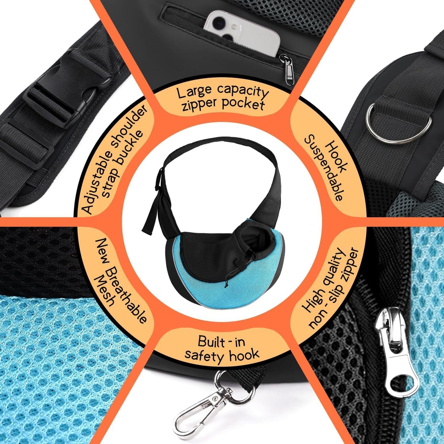 YUDODO Pet Sling Carrier for Small Dogs & Cats – Hands-Free Puppy Carrier with Safety Hook, Large Zipper Pocket, Soft Breathable Mesh, Adjustable Strap & Reflective Strip (Cyan 2.0 S)