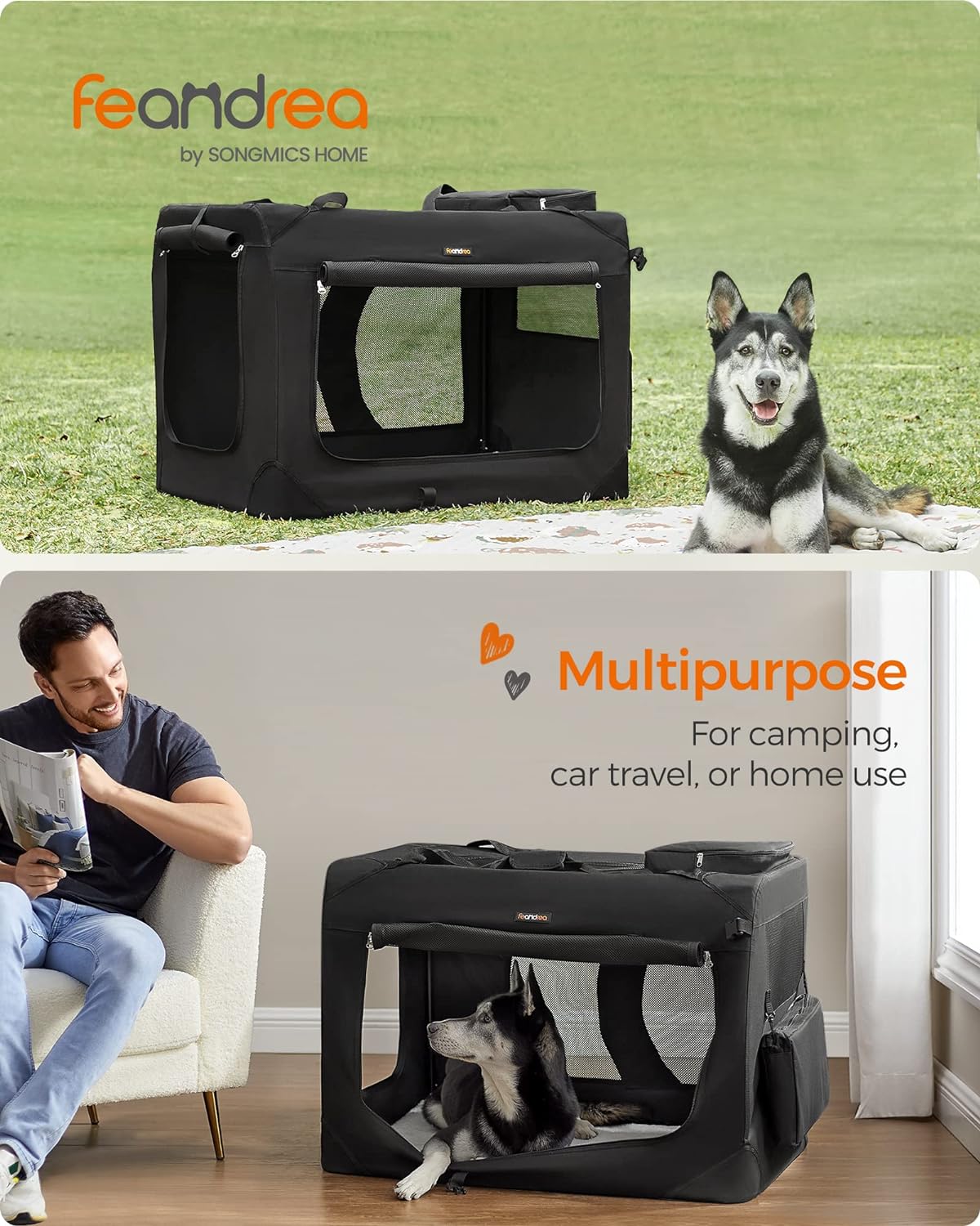 Feandrea 36 Inches Collapsible Soft Dog Crate, Portable Travel Dog Crate for Indoor and Outdoor Use, Dog Carrier Kennel with Safety Zippers, for Living Room, Car, Travelling, Camping, Black UPDC90H