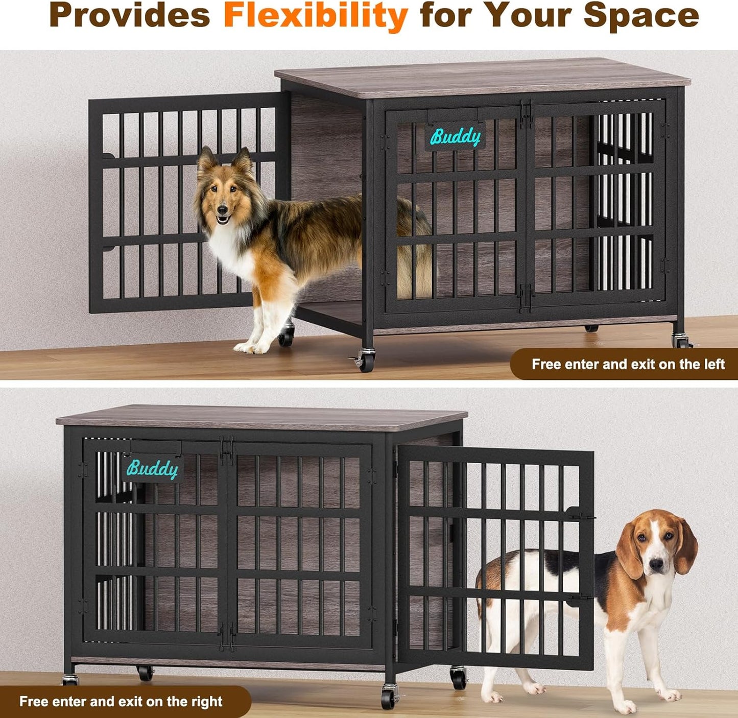 EasyCom 41"/33"/27" Dog Crate Furniture with Name Tag, Heavy Duty Dog Kennel Indoor for Medium Dogs, Double-Doors Sturdy Metal Dog Cage for Anxiety Dog, Decorate House as TV Stand, End Table
