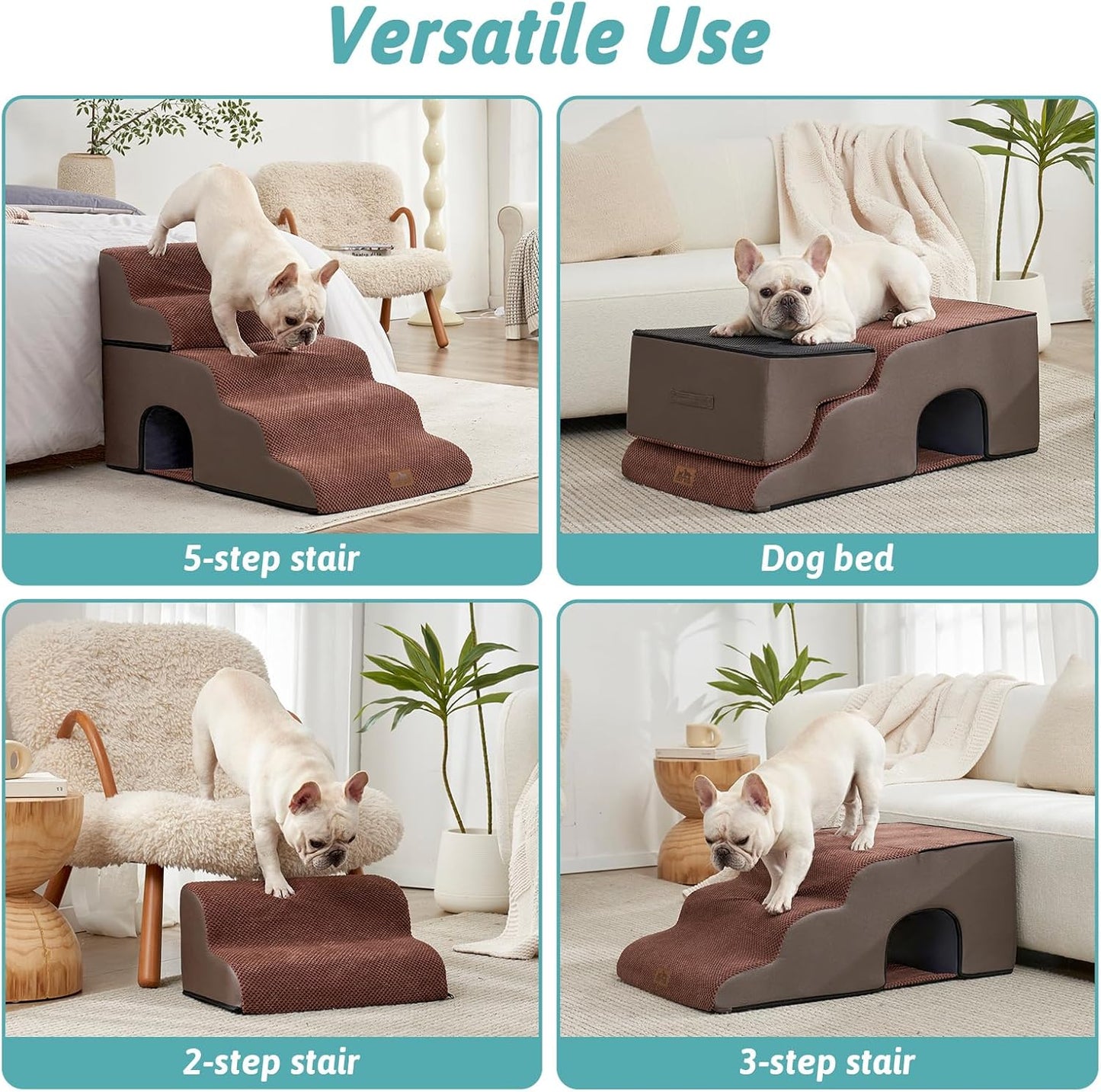 Wide Dog Stairs with Tunnel, Foam Detachable Large Dog Step for Small Pet, Puppy or Cats, Medium Pet Ramp for High Bed, Couch, Sofa or Car, 19.7x33x22.4 inch, 5 Step, Brown