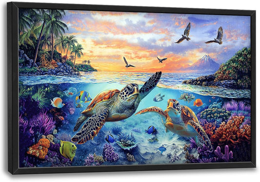 Framed Large Sea Turtle Wall Art for Living Room, Oversized Ocean Turtle Wall Decor Seascape Underwater Marine Life Canvas Painting Home Decoration for Living Room Bedroom Office 36"x24"