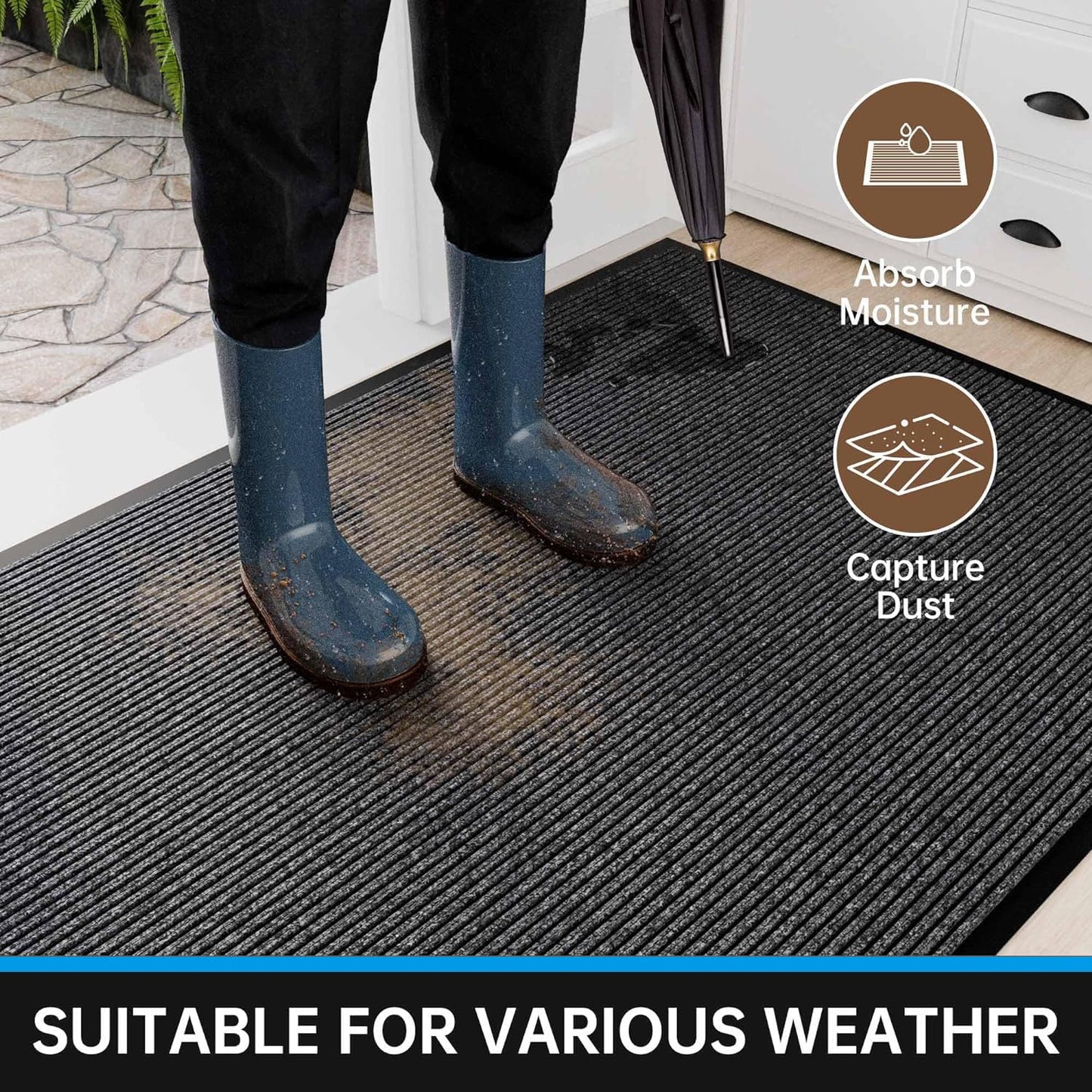 Door Floor Mat Commercial Grade Large Size 3' x 10'Heavy Duty Tough Entry Collection Slip Skid Entrance Mat with Rubber Backing Low Profile and Easy to Clean Indoor Outdoor Rug