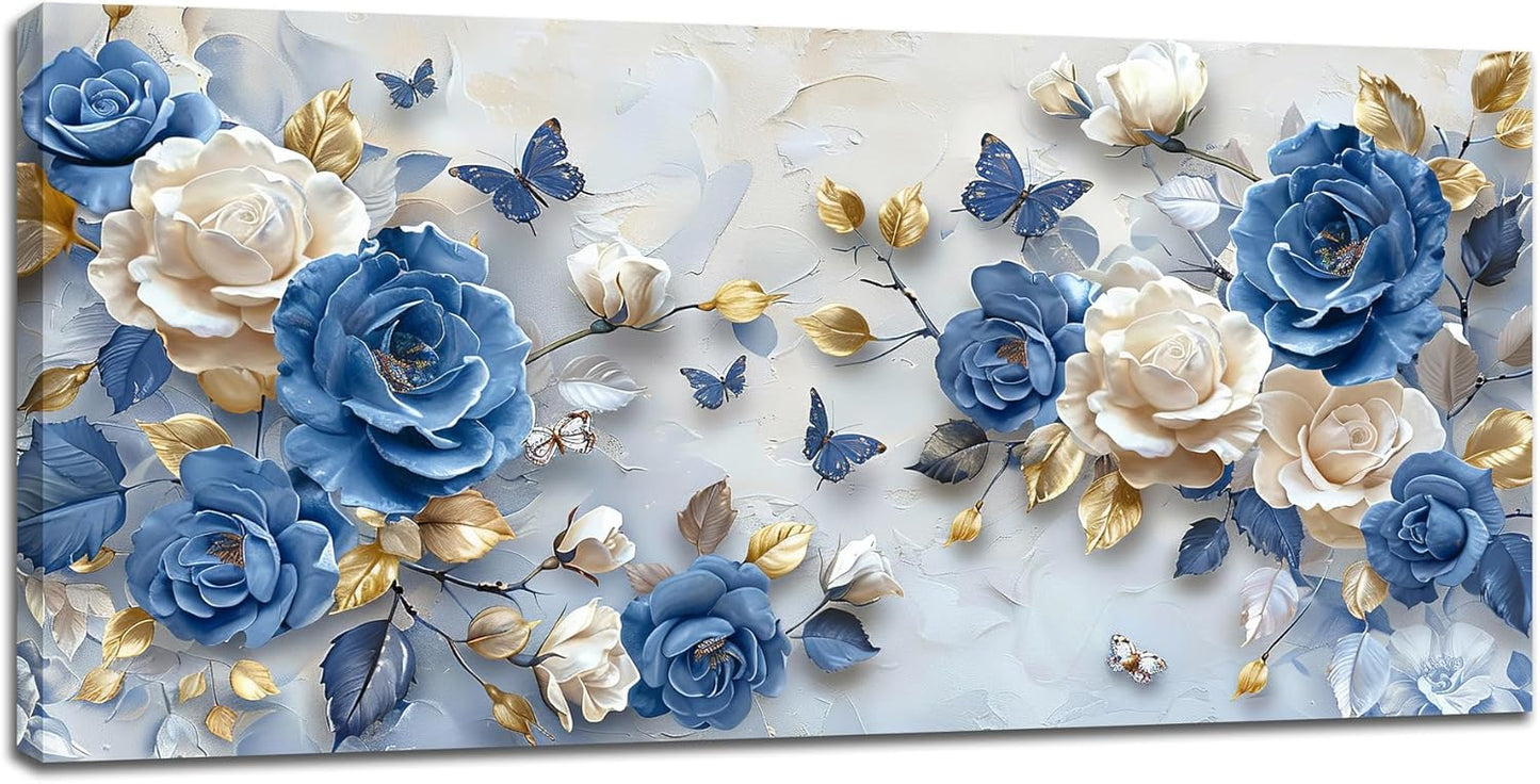 Large Flower Wall Art Canvas Living Room Floral Pictures Framed Prints Oversize Wall Decor Blue Butterfly Painting for Bedroom Dining Office Home 60"x30"