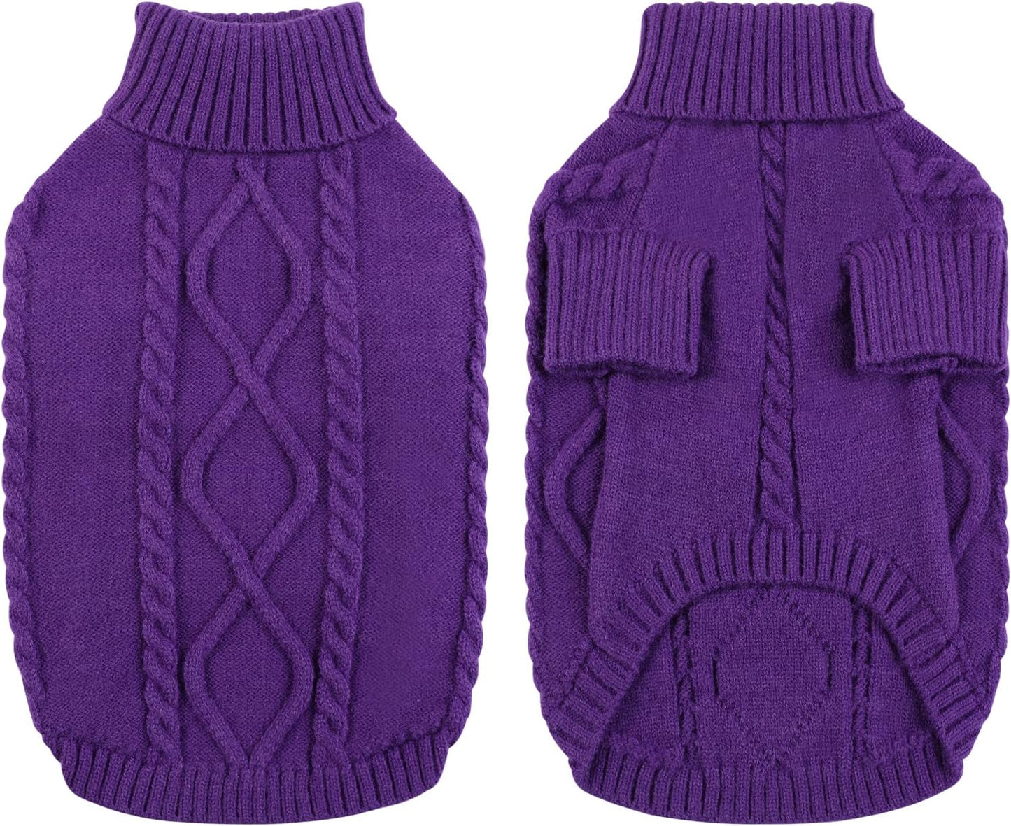 Queenmore Small Dog Pullover Sweater, Cold Weather Cable Knitwear, Classic Turtleneck Thick Warm Clothes for Chihuahua, Bulldog, Dachshund, Pug (Purple, X-Large)