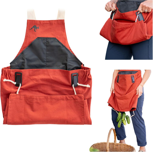 Roo Gardening Apron with Pockets & Harvesting, Picking Pouch - Adjustable, Water-resistant, Washable Canvas Cotton