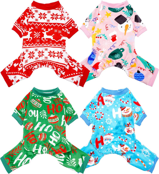 PET SHOW 4 Pack Small Dog Christmas Pajamas Holiday Dog Clothes for Medium Dogs Girl Boy Soft Stretchy PJs Xmas Jumpsuit Puppy Cats Onesies Red Green Outfits with Sleeve Pets Dachshund Costume M