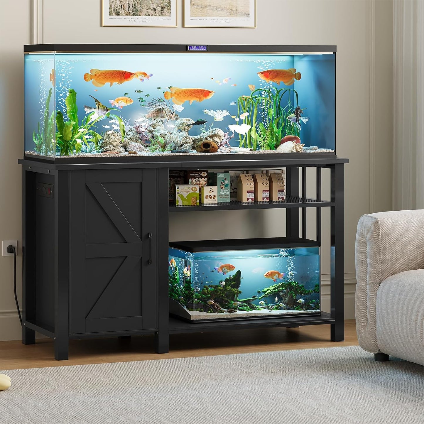 55-75 Gallon Aquarium Stand with Power Outlet, Heavy Duty Fish Tank Stand with Cabinet Storage & Adjustable Shelf, for Fish Tank, Turtle Tank, Reptile Terrarium, 1000LBS Capacity, Black
