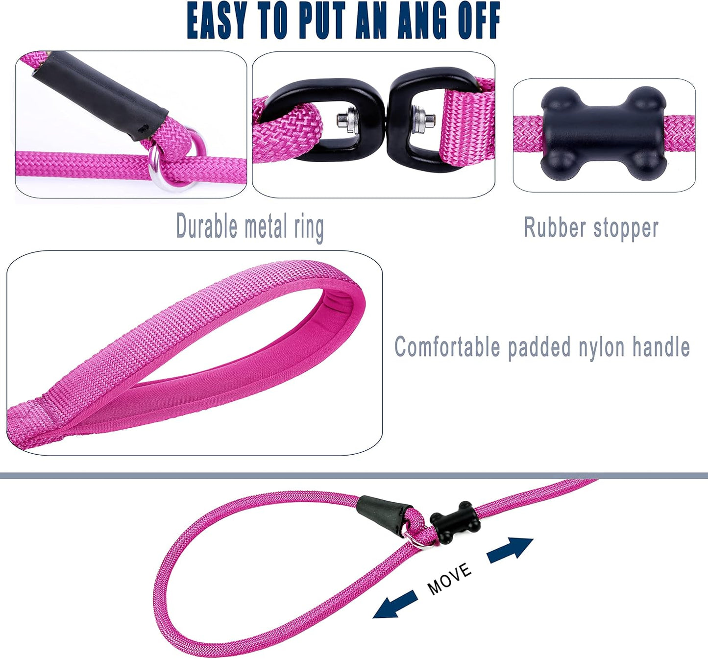 Slip Lead Dog Leash，Strong Nylon Rope Leash and Padded Handle,No Pull Outdoor Walking Training Lead for Small Medium Large Dogs(Fuchsia, 1/2"×6ft)