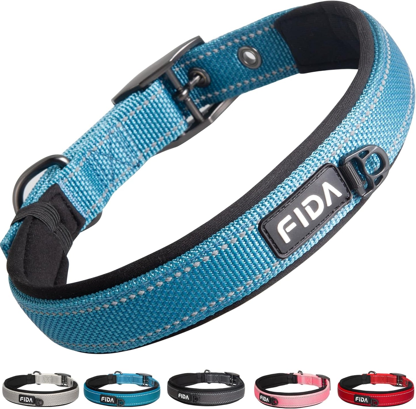 Fida Heavy Duty Dog Collar, Ultra Comfortable Soft Neoprene Padded, Adjustable Reflective Nylon Pet Collar with Durable Metal Belt Buckle for Medium Breeds (M, Blue)