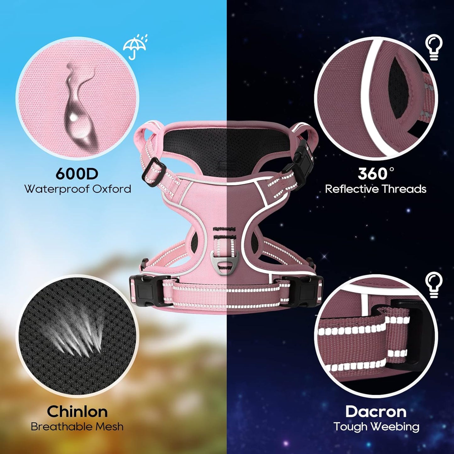 Timos Dog Harness, 3 Snap Buckles No-Pull Soft Padded Dog Vest with 2 Metal Leash Clips, Adjustable Reflective No Choke Pet Harness with Easy Control Handle for X-Small Dogs,Pale Pink,XS