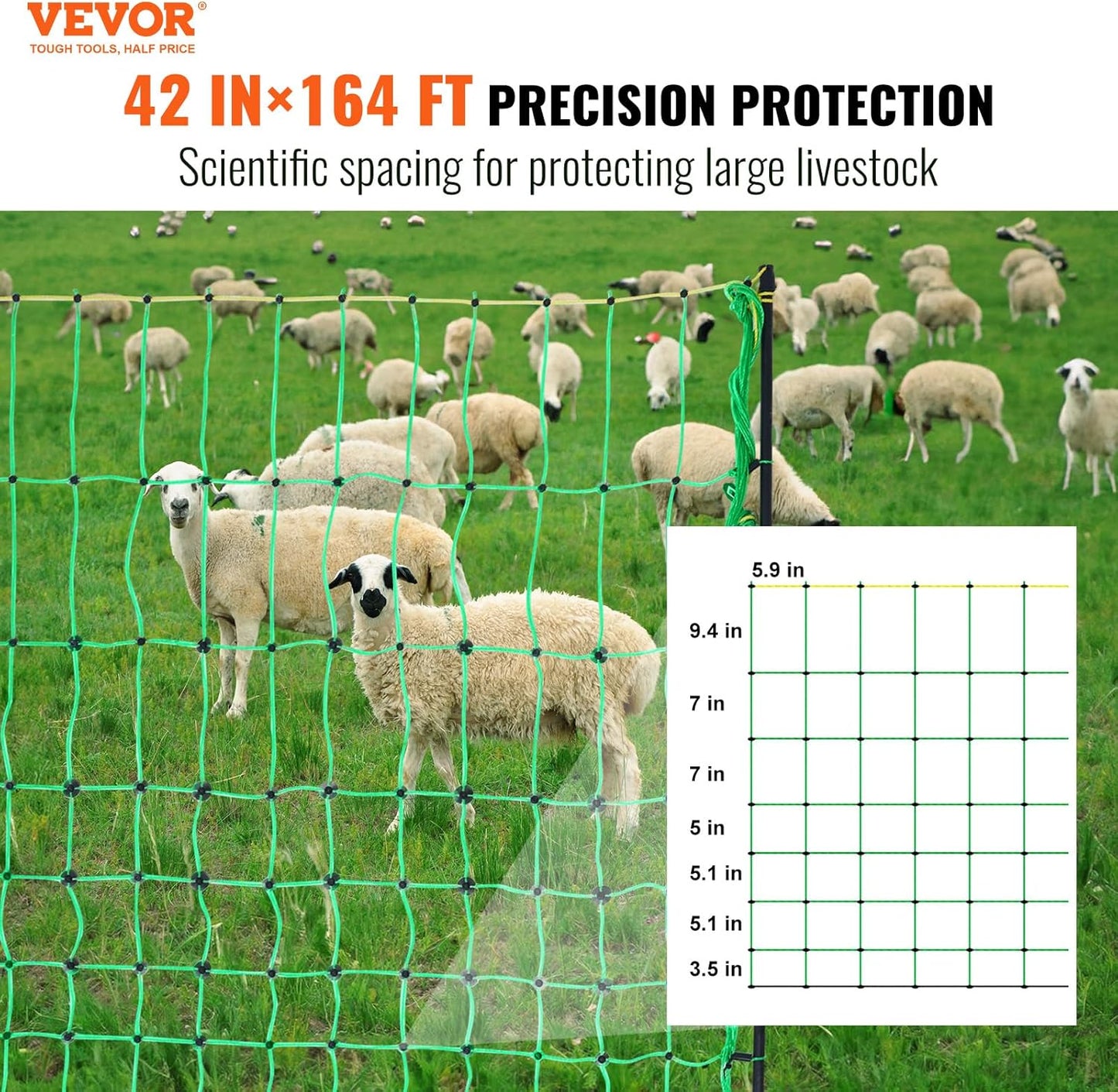 VEVOR Electric Fence Netting, 42"H x 164'L, PE Net Fencing with Posts and Double-Spiked Stakes, Utility Portable Mesh for Goats, Sheep, Lambs, Deer, Hogs, Dogs, for Farms, Backyards and Ranches