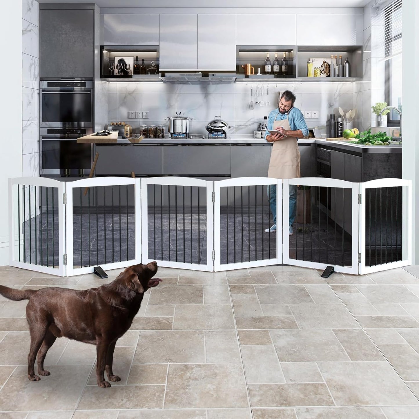 Freestanding Panel Dog Gate for Indoor Doorways, Stairs, or Hallways, Foldable Wooden Pet Gate, Support Feet Included, 24" Height-6 Panels, White