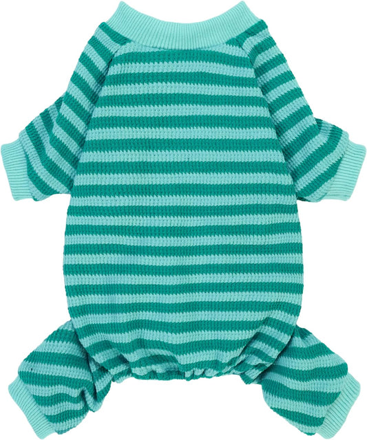 Fitwarm Green and Teal Striped Dog Pajamas, Waffle Dog Clothes for Small Dogs Girl Boy, Puppy Onesie with Feet, Pet Cat Outfit, XS