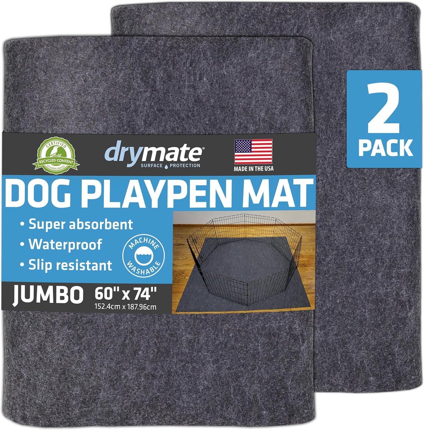 Drymate 2-Pack Jumbo Dog Playpen Mat (60x74), Absorbent, Waterproof, Slip-Resistant, Machine Washable, Reusable Puppy Pad for Training, Whelping, Housebreaking, Incontinence, Crate, Kennel (USA Made)