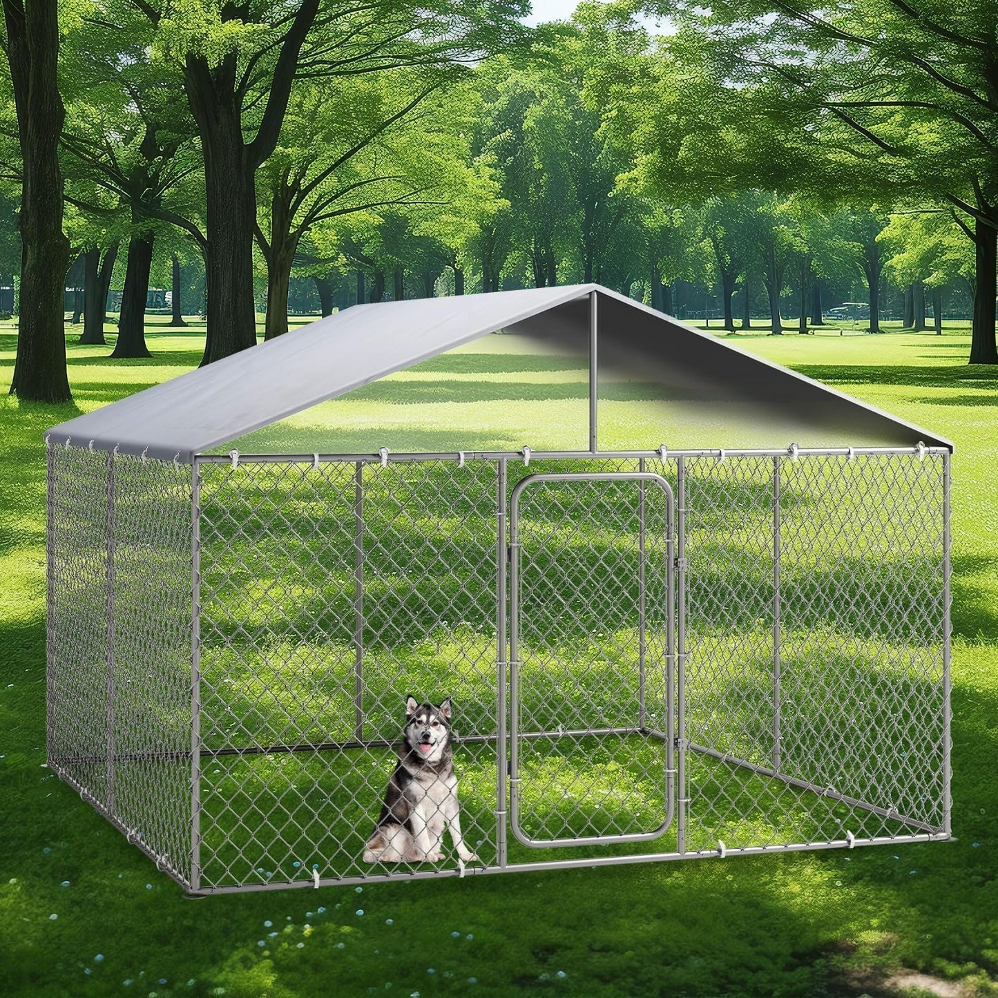 Outdoor Dog Kennel with Cover, Large Dog Run Fence House Big Cage Pen Enclosure, Heavy Duty Dogs Play Cage Pen Kennel (118" L x 118" W x 83" H)
