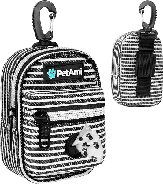PetAmi Dog Poop Bag Holder for Leash, Dog Pet Waste Bag Dispenser For Poop With Clip, Doggy Puppy Walking Accessories Travel Camping, Dog Treat Pouch Supplies Must Have With Dog Bag Roll, Stripe Black