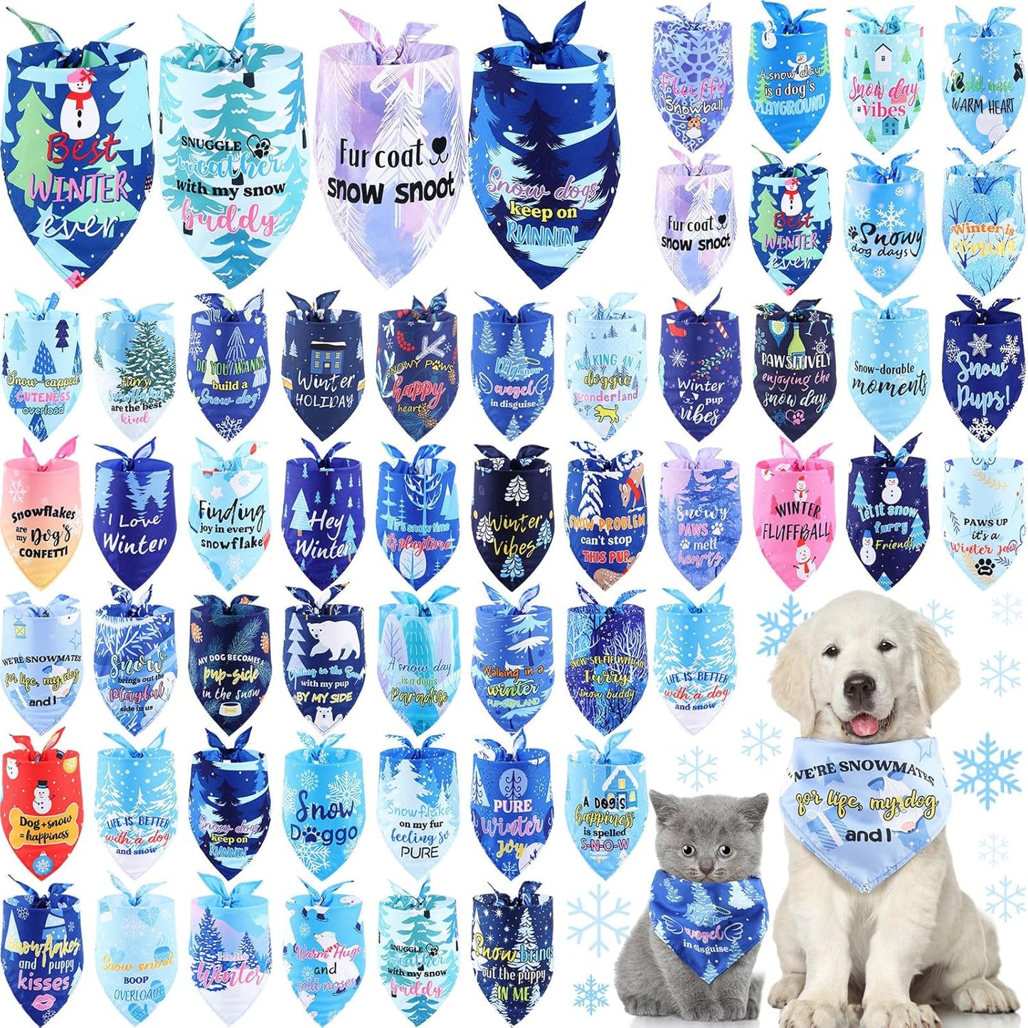 Abbylike 50 Pcs Winter Dog Bandanas Bulk Pet Scarfs Triangle Bibs Adjustable Washable Puppy Kerchief Seasonal Pet Costume Accessories Grooming Supplies for Small Medium Large Dogs Cats