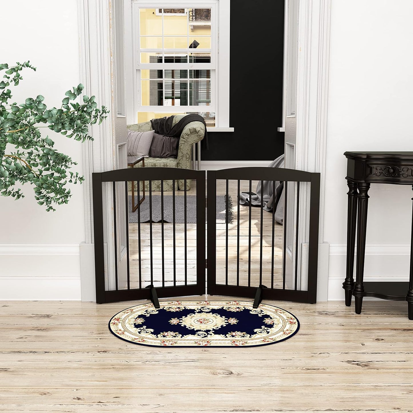 Freestanding Pet Gate for Dogs, Foldable Wooden Dog Gate for House, Indoor Pet Barrier for Stairs, Doorways, Support Feet Included, 24" Height 2 Panels, Brown