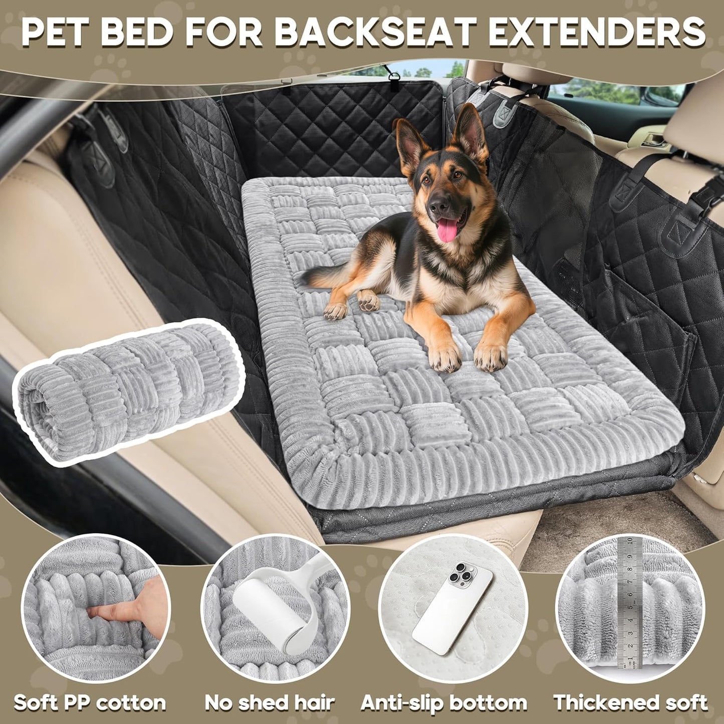 Dog Car Bed Mat, Non-Slip Backseat Extender Pet Blanket, Plaid Dog Bed for SUVs, Sedans & Trucks, Chew-Resistant Travel Pad for Dogs, Easy Clean & Scratch-Proof & Comfort (50"x24.6") Light Gray