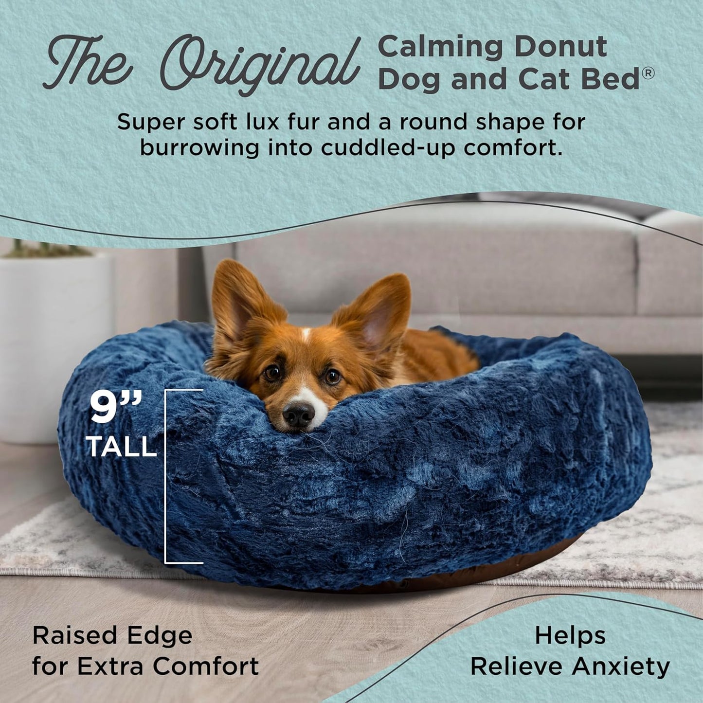 Best Friends by Sheri Original Calming Donut Dog and Cat Bed, Lux Faux Fur, Navy Blue, (30in x 30in) - Anxiety Relief for Pets Up to 45 lbs