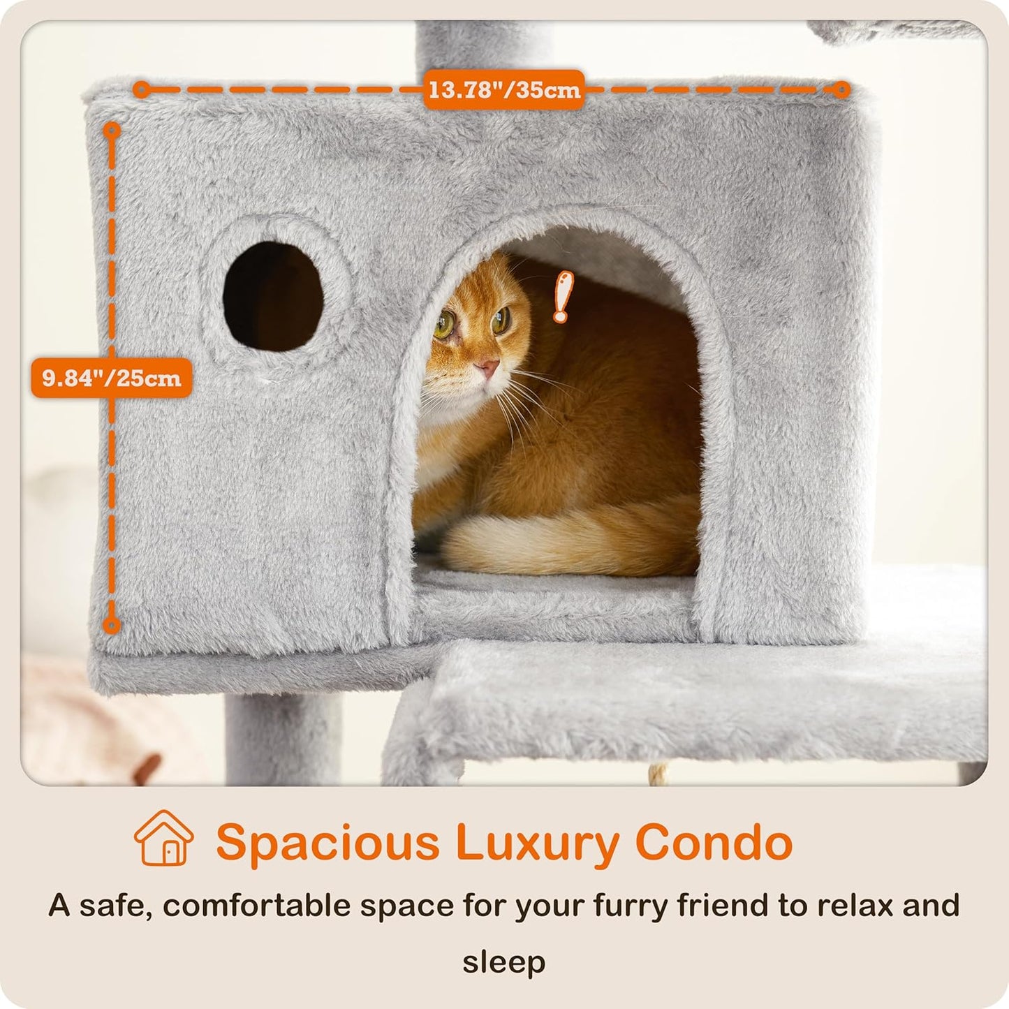 Ouritsu Cat Tree, 56 inch Tall Cat Tower for Large Cat Indoor, Large Condo, 2 Padded Perches, Steel-Framed Hammock, Scratching Post and ramp, Fluffy Basket, Light Gray, LF001GA