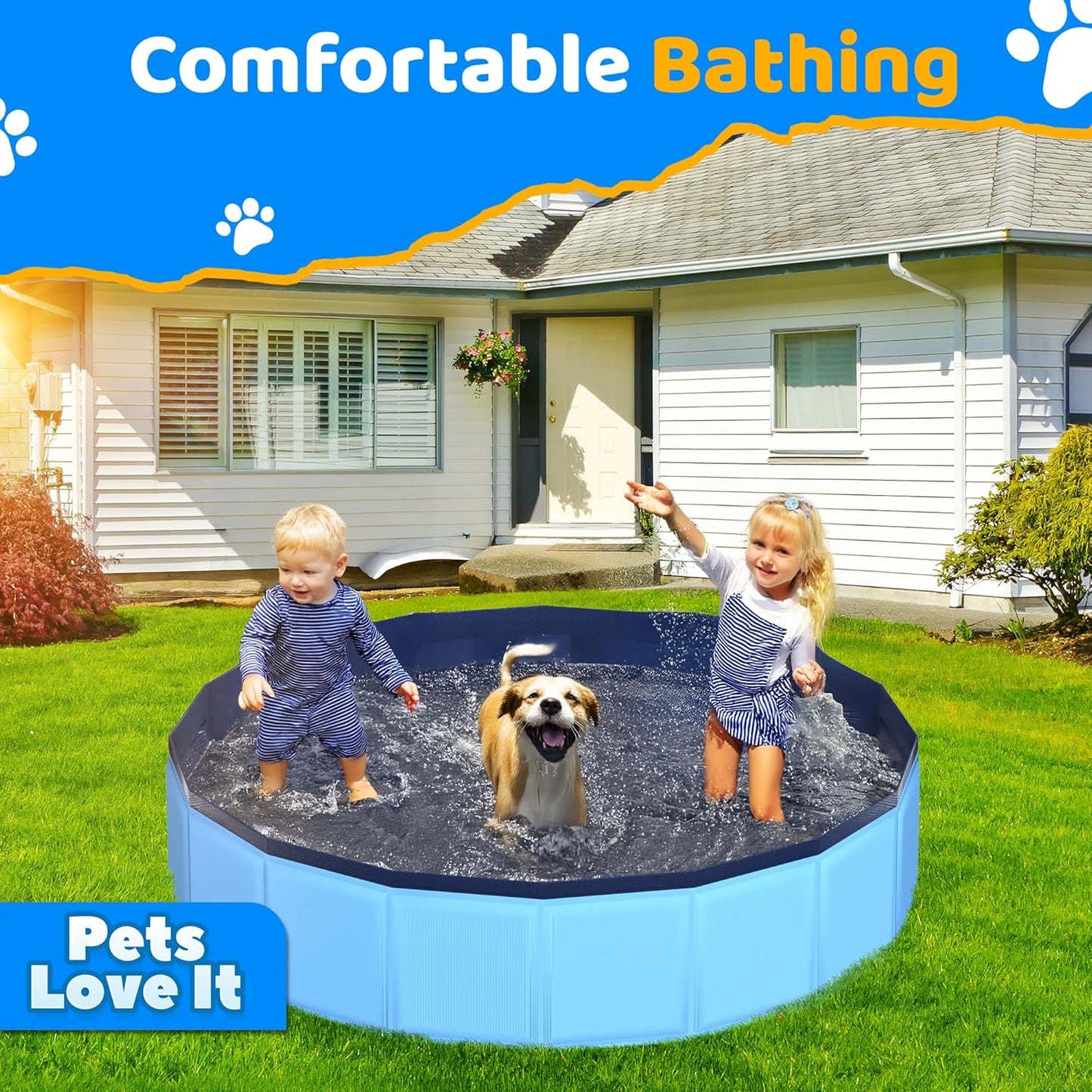 79" x 12" Foldable Dog Pool - Collapsible Hard Plastic Kiddie Pool for Dogs & Kids, Non-Slip Pet Bath Tub for Outdoor Backyard Use, Lightweight & Portable (Blue)