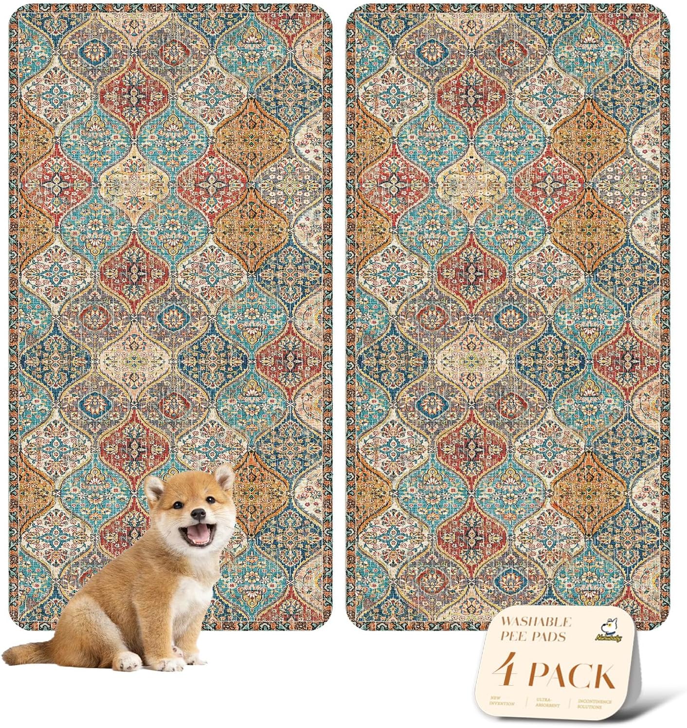 nunubaby 4PACK Washable Pee Pads for Dogs, Stylish, Non-Slip and Leak-Proof Pee Pads. Reusable Potty Pads for Dogs for Crates and Floors.(Cream/Multi, 24" x48")