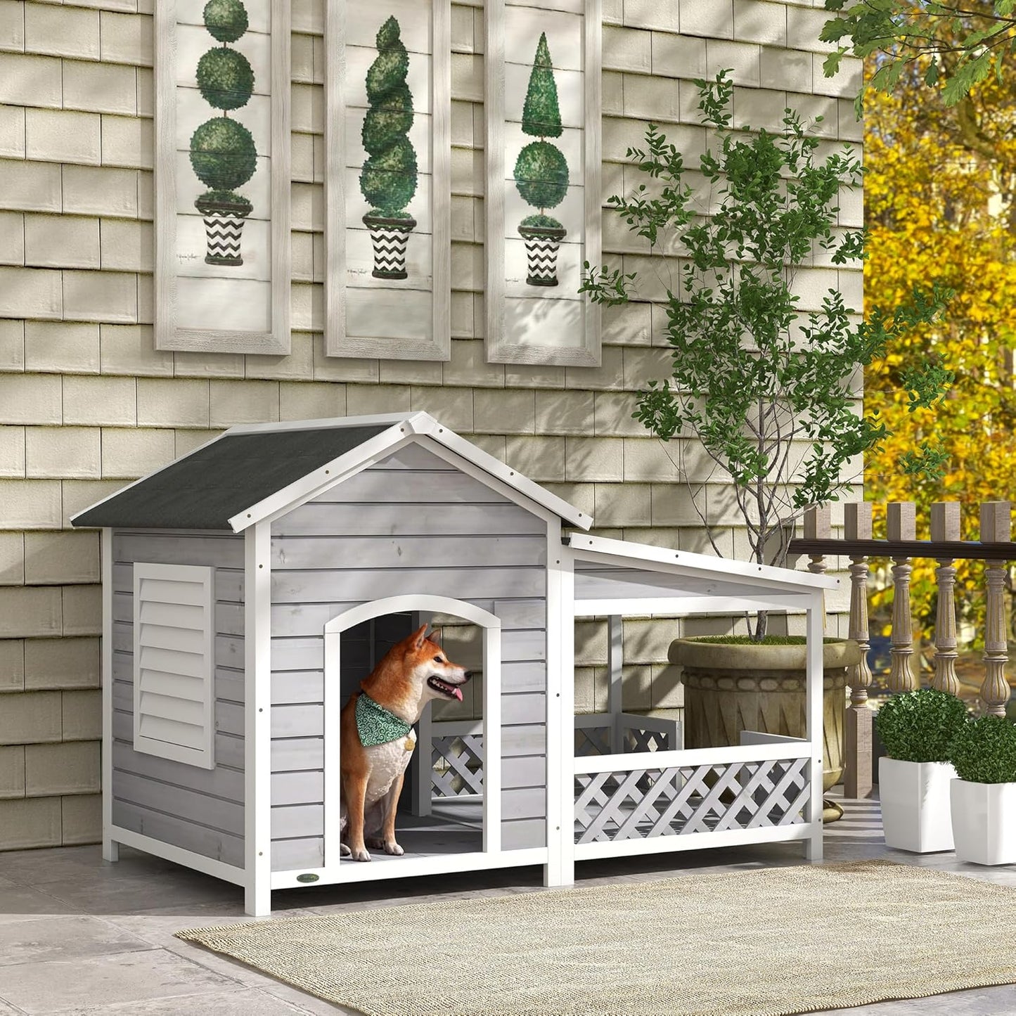 PawHut Wooden Dog House Outdoor with Porch, Cabin Style Raised Dog Shelter with Asphalt Roof, Doors, and Shutter Window, for Medium Large Sized Dog, Light Gray