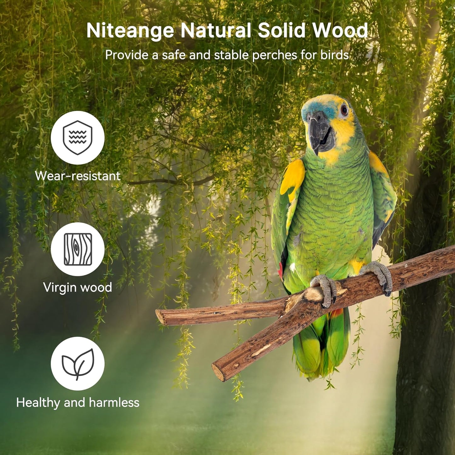 Niteangel Natural Wooden Perches for Bird Cages - Ideal for Cockatiels, Parakeets, Finches & Other Caged Birds (No-Bark, 2 Pack)