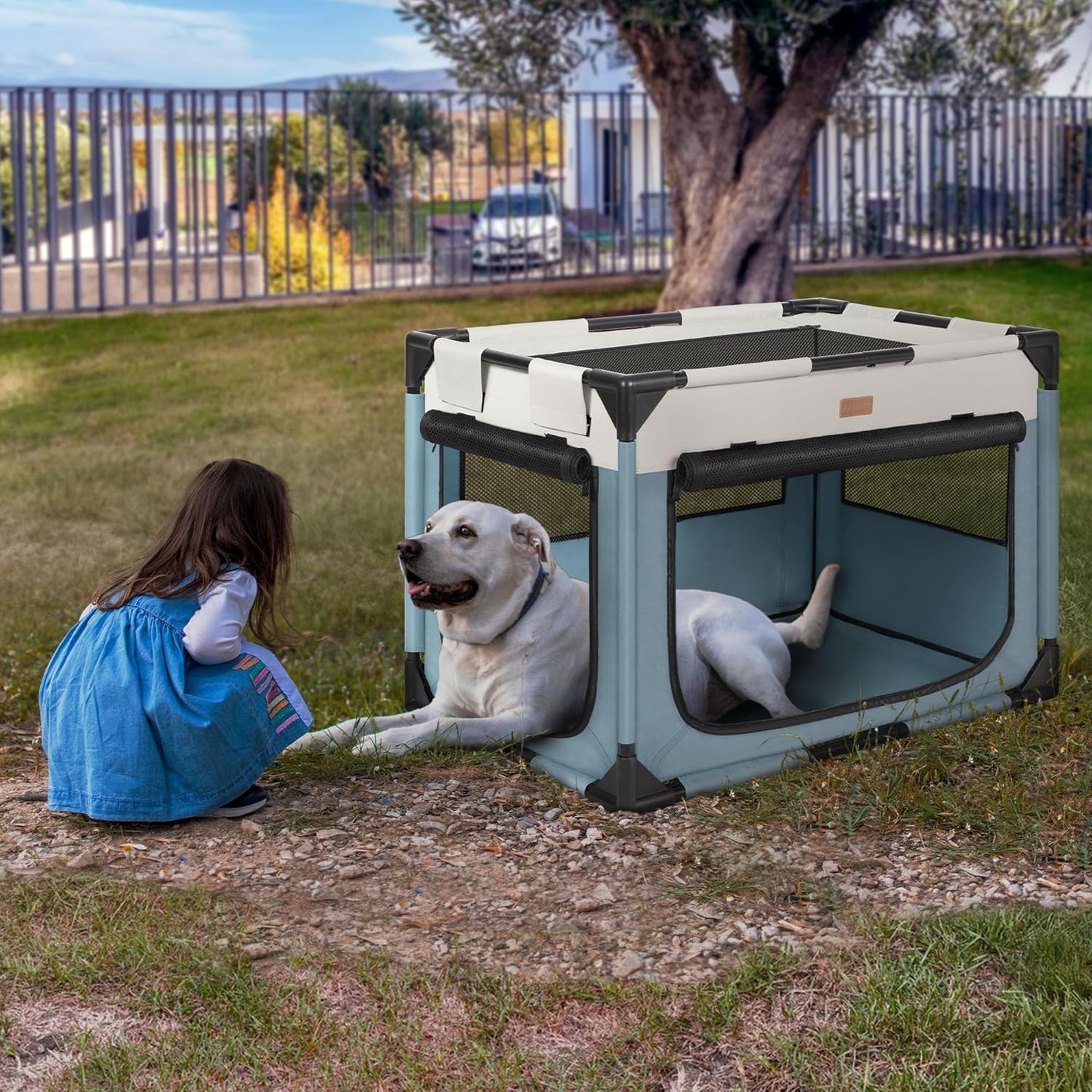 Dog Crate - Soft Pet Kennel for Dogs/Cats, 3-Door Breathable Travel Cage with Mesh Window, Portable Dog Kennel for Indoor & Outdoor, Blue-L