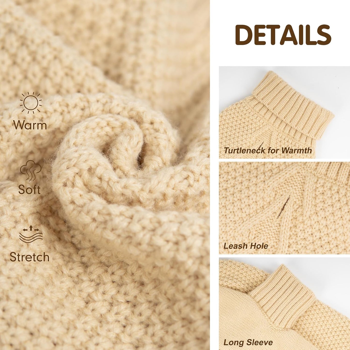 cyeollo Dog Sweater Knitwear with Leash Hole Turtleneck Pullover Sweaters Fall Winter Dog Clothes Sweaters for Large Dogs, Beige XXXL