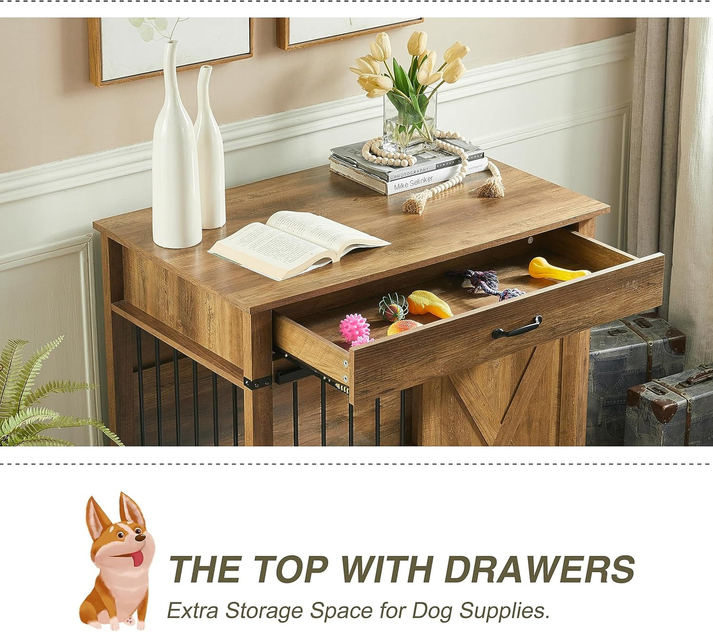 EDYO LIVING 38" Large Dog Crate Furniture with Sliding Barn Door, Wooden Dog Kennel with Drawer for Storage, Water Resistant Indoor Furniture Style Dog Crate for Small/Medium/Large Dog, Rustic Oak