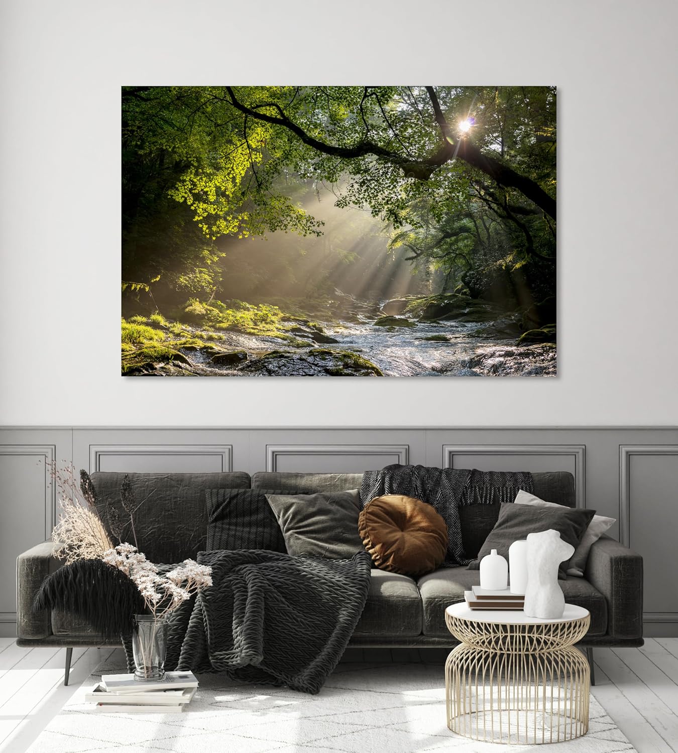 Nature Wall Art Prints - Ocean Forest Mountain Lake Canvas Landscapes - Small to Extra Large Living Room Bedroom Kitchen Bathroom Décor (Rocky River in the Woods, 35L" x 53W")