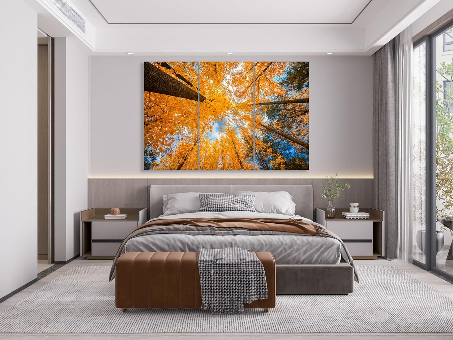 Nature Wall Art Prints - Ocean Forest Mountain Lake Canvas Landscapes - Small to Extra Large Living Room Bedroom Kitchen Bathroom Décor (Blue Sky Through Yellow Autumn Trees, 31L" x 47W" - 3 Panels)