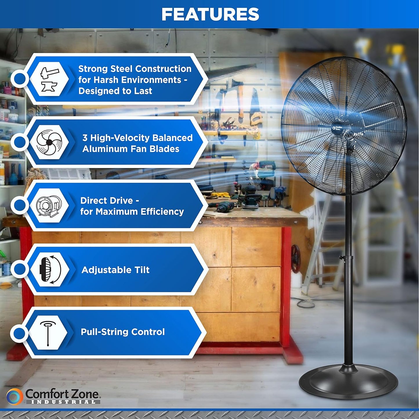 Comfort Zone Industrial Pedestal Fan, 30 inch, 3 Speed, High Velocity, Adjustable Height 56” to 76”, Metal, Meets OSHA Standards, Airflow 36 ft/sec, Ideal for Garage, Workshop or Warehouse, CZHVP30