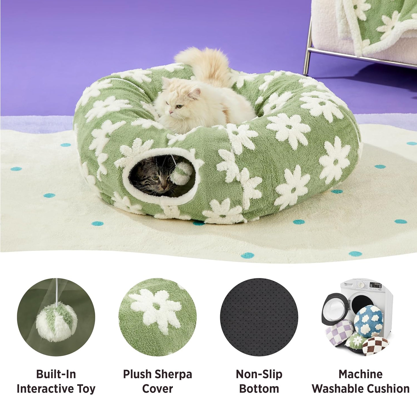 Lesure Cat Tunnel Bed for Indoor Cats - Cute Cat Donut Tunnel Toys for Small Large Cats with Washable Circle Cushion, Round Pet Peekaboo Cave Toy for Kitten/Puppy/Rabbit, Standard Green